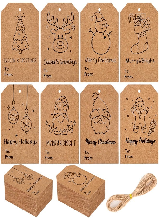 Fairooth 120 Pcs Christmas Gift Tags with String 3" x 2" Christmas Kraft Paper Name Tags Doodle Xmas Brown Kraft Paper Gift Labels for Xmas Holiday Presents DIY Gifts Wrapping Decorations - Image 1